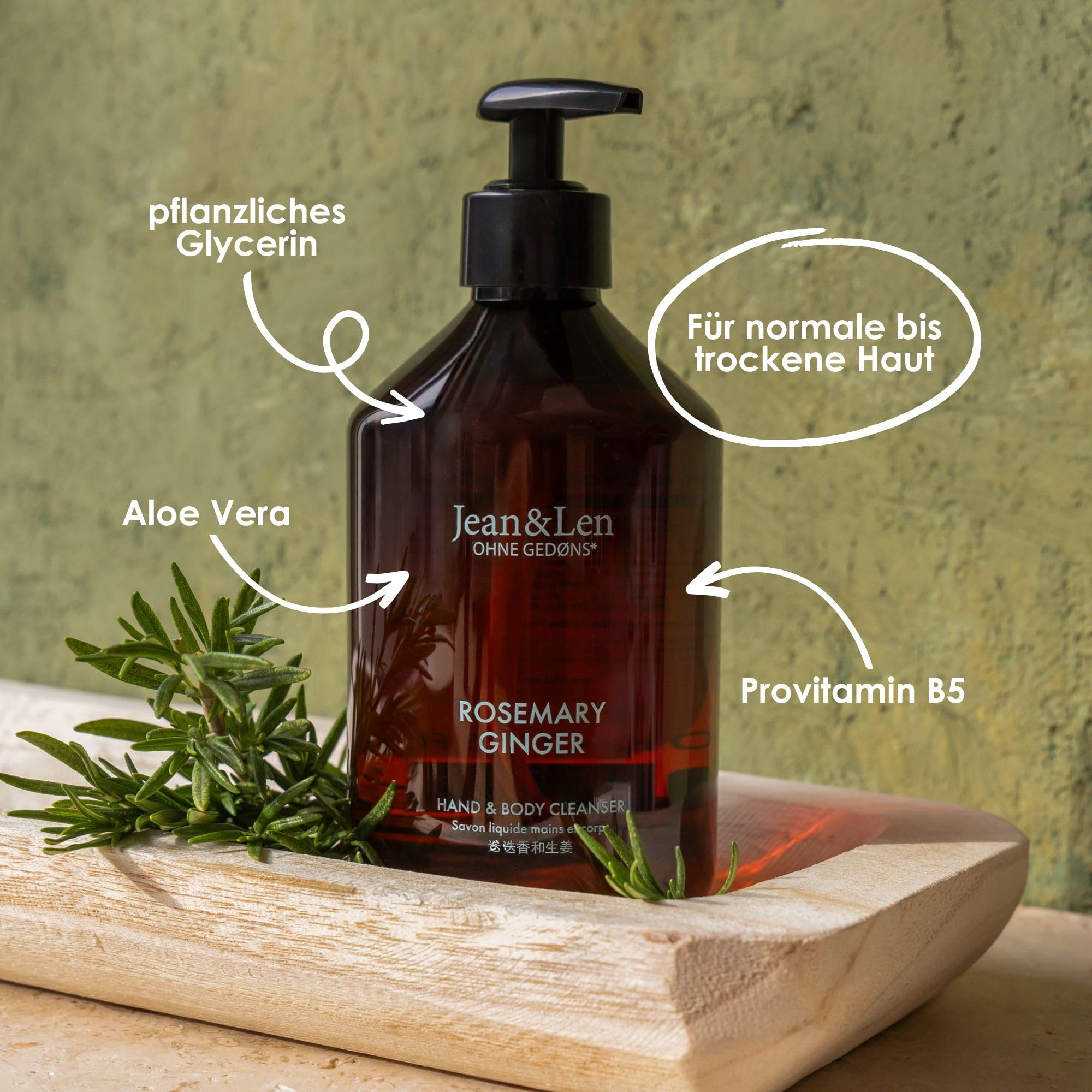 Jean & Len Hand & Body Cleanser Rosemary & Ginger, für ein duftendes Reinigungserlebnis, Körper- & Handseife in einer hochwertigen Flasche, belebend-frischer Duft, 500 ml 2