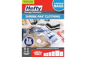 Hefty Shrink-Pak Vacuum Storage Bags - Space Saver for Under Bed Storage, Clothing and Comforters, 3X More Storage Space, 6 Medium Zipper Bags