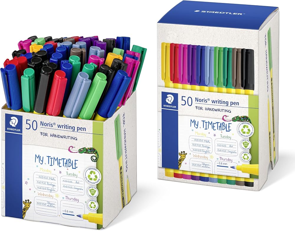 STAEDTLER Noris Handwriting Pen 0.6mm Fineliner 50 Pack 10 Assorted Colours