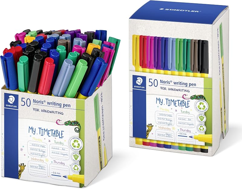 STAEDTLER Noris Handwriting Pen 0.6mm Fineliner 50 Pack 10 Assorted Colours