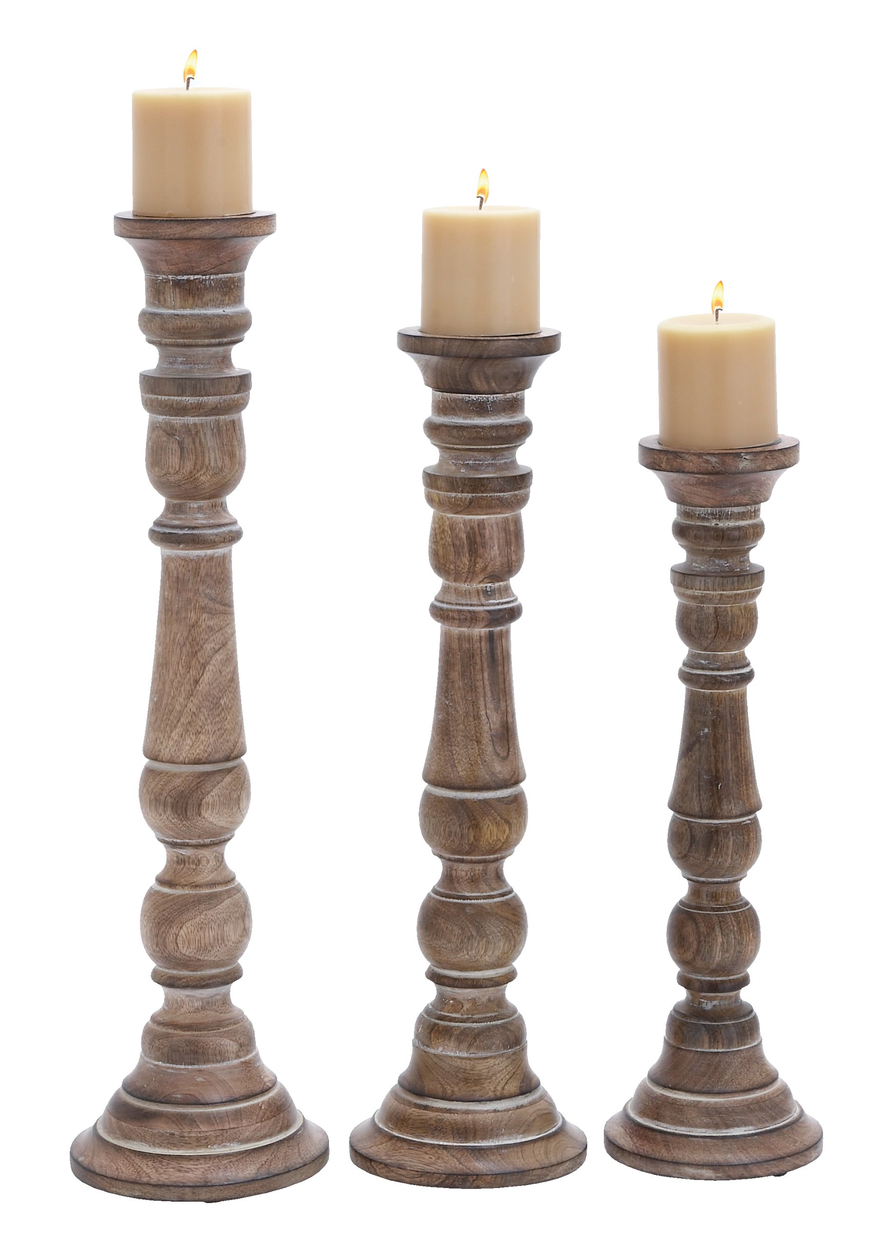 Deco 79 Artfully Carved Intricate Design Wooden Candle Stand, Set of 3
