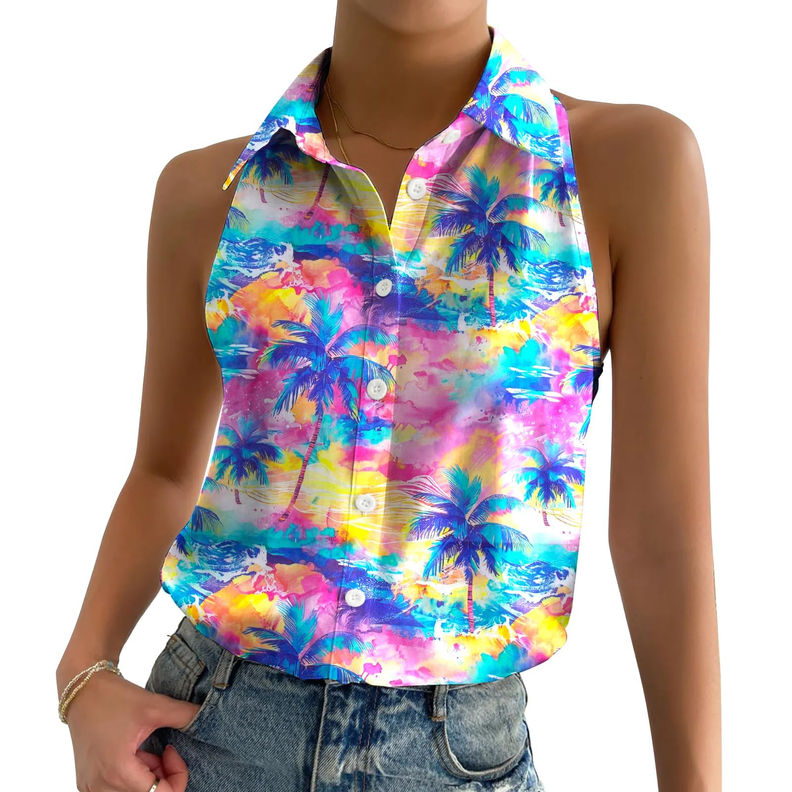 Photo 1 of **POSSIBLY RUNS BIG*** ASTANFY Women Hawaiian Shirts Summer Beach Tank Tops Colorful Sleeveless Vacation Shirts