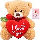 Fovths 10 Inch Plush Stuffed Teddy Bear with Red Heart and Rose for Valentine's Day I Love You Teddy Bear for Girlfriend Boyfriend Soft Plush Bear Doll for Valentine Birthday Gift and Decor, Brown
