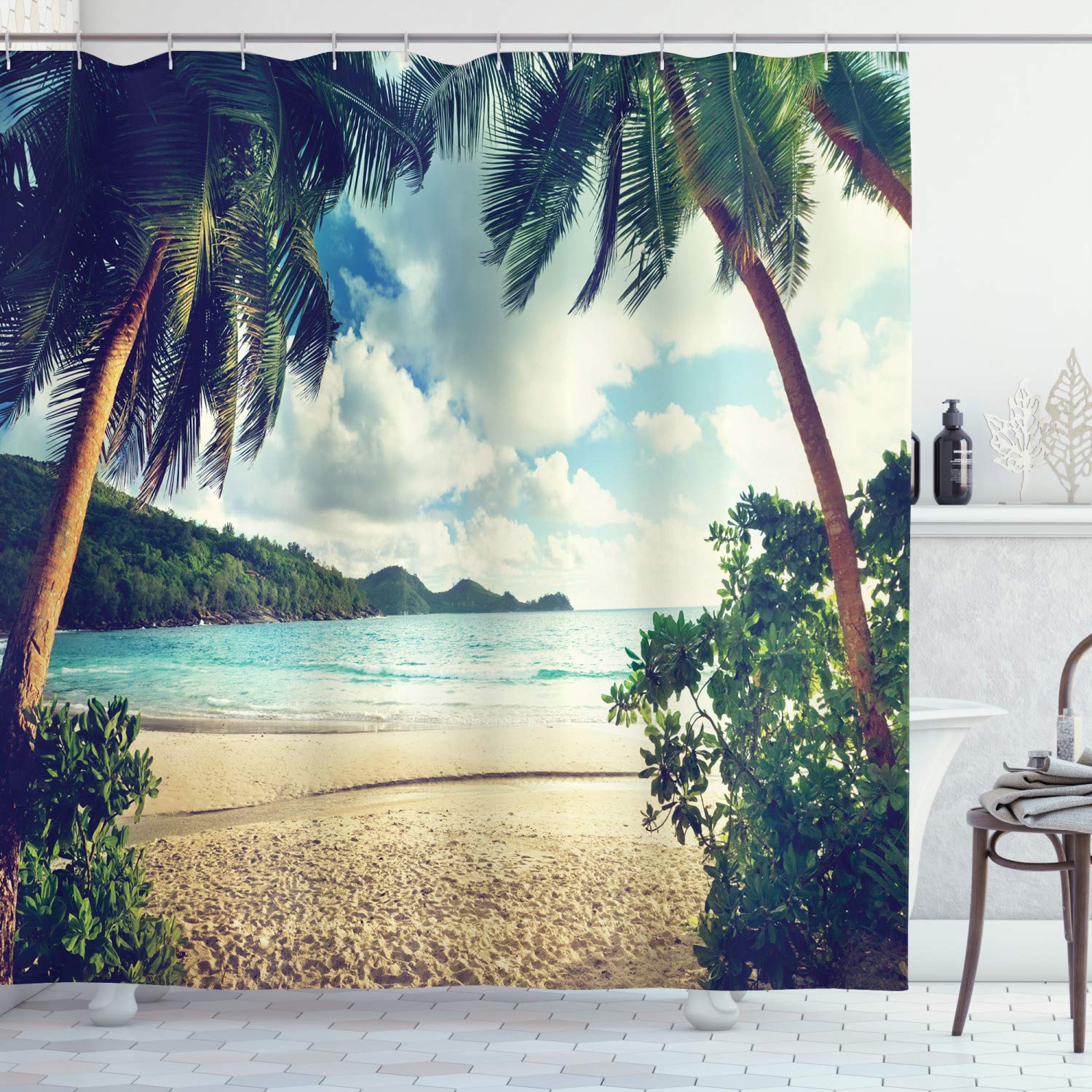 ABAKUHAUS Palm Tree Shower Curtain, Summer Beach Vintage Style Tropical Sunset Picture Print, Cloth Fabric Bathroom Decor Set with Hooks, 86 Inches Extra Long, Dark Green Sand Brown