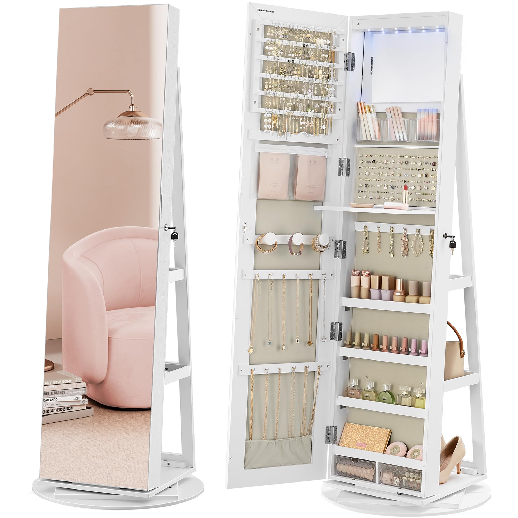 SONGMICS 6 LEDs Lockable Mirror Jewelry Cabinet, 360° Swivel Jewelry Organizer Armoire Standing, Frameless Full-Length Mirror, 3 Storage Shelves, White Surface, Greige Lining UJJC007W02V1 Image