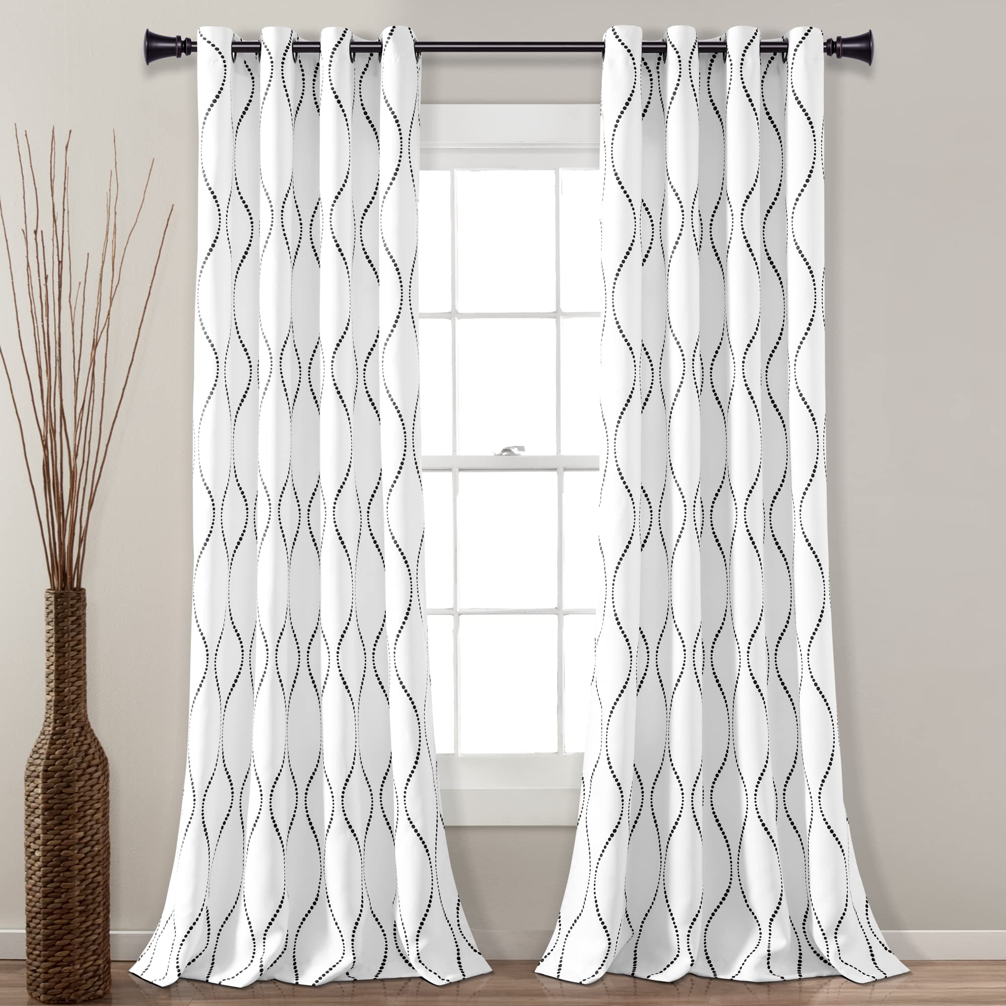 Lush Decor Swirl Light Filtering Window Curtain Panel Pair, 84" L x 52" W, White & Black