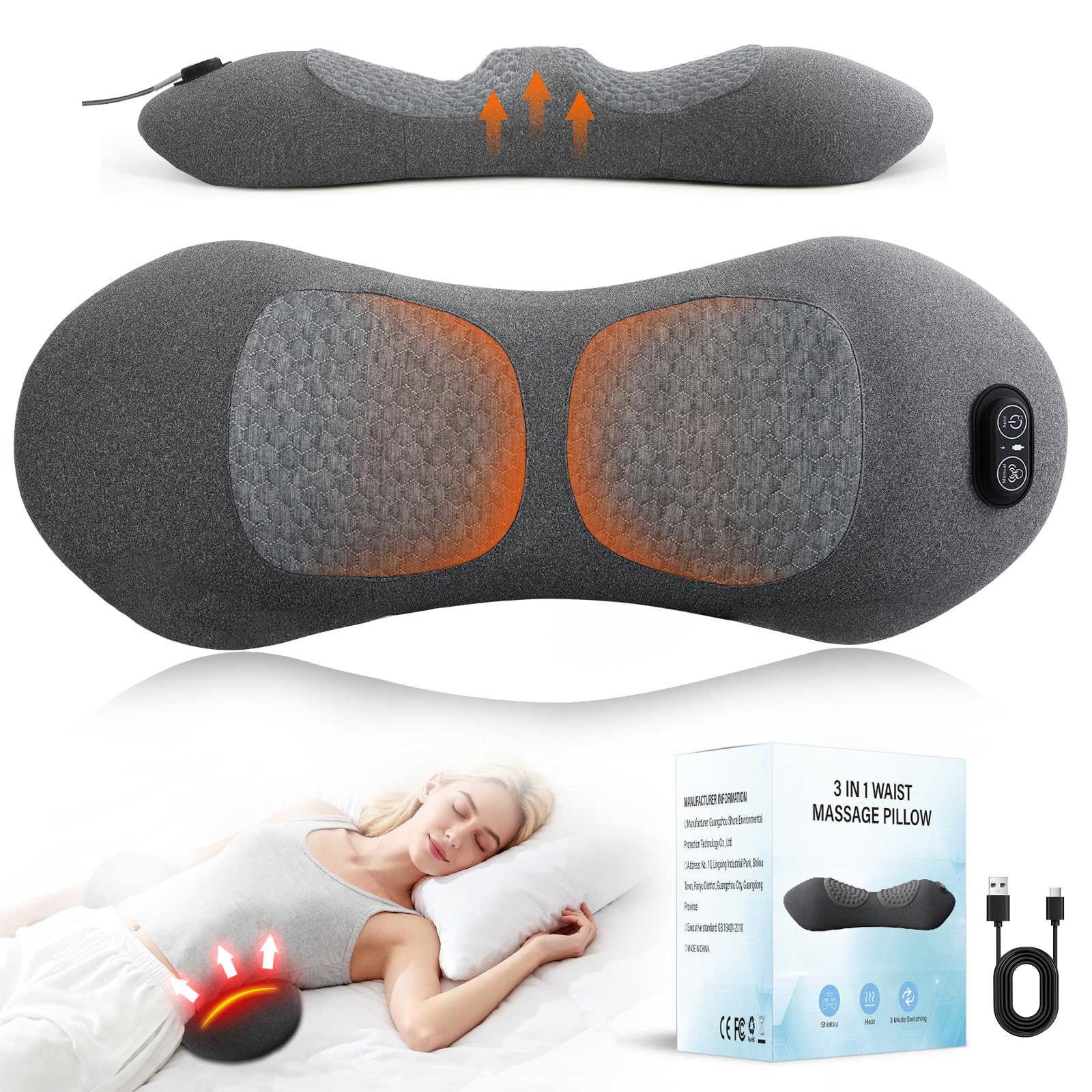 Photo 1 of 3-in-1 Electric Lumbar Support Pillow with Adjustable Height for Bed and Chair, Triple Fusion Cordless Back Massager with Heated, Vibration, Traction, Lower Back Pain Relief for Home & Office, Car