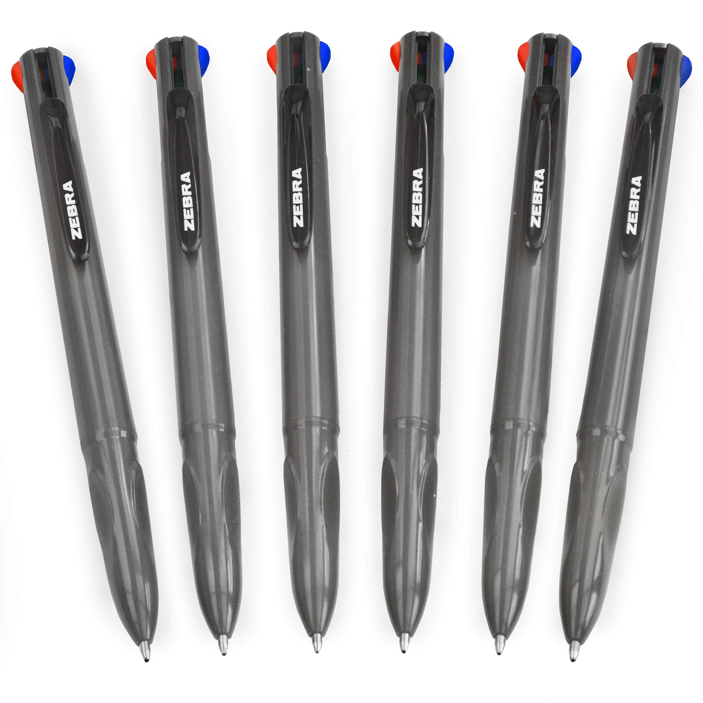 Zebra Z-Grip Elegance 4 in 1 Colours Retractable Ballpoint Pen - 1.0mm - Grey Barrel - Black, Blue, Red, Green - Pack of 6