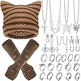 Sureio 25 Pcs Y2k Grunge Knitted Cat Beanie with Fairy Grunge Ripped Gloves Earrings Necklace Rings Monster Horn Accessories(Brown)