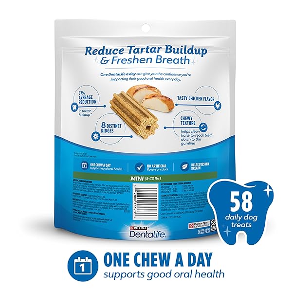 DENTALIFE DAILY ORAL CARE DOG TREATS FOR SMALL DOGS 5-20 LBS., CHEWY DENTAL TREAT TO FRESHEN BREATH AND FIGHT TARTAR, CHICKEN FLAVOR, 17.1 OZ., 58 CHEWS – 58 CT. POUCH