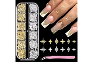 Furtherpretty Gold Star Nail Charms, 3D Silver Nail Charms Metal Studs Cross Star Celestial Nail Decorations, Flat-Back Nail Art Accessories with Tweezers for Women, Manicure Salon Supplies
