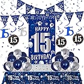 15th Birthday Decorations for Boys Girls, Blue Silver 15th Birthday Decorations Backdrop Banner, Happy 15th Birthday Tablecloth, Number 15 Hanging Swirls, Triangle Flag, 15 Years Old Party Supplies