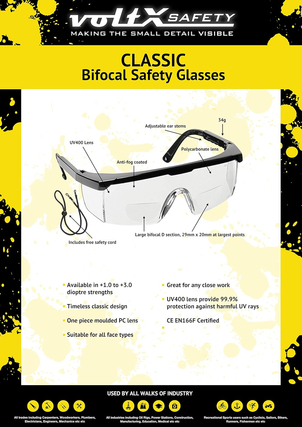 voltX 'Classic' Bifocal Safety Glasses (Clear +2.0 Dioptre), UKCA & CE EN166f certified - Image 3