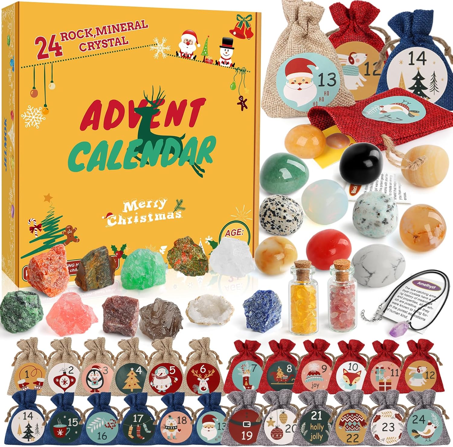 Advent Calendars - JELMOK Crystals Advent Calendar 2023, Dig up 24 Days Real Natural Gems Crystals, Rock, Minerals with Burlap Bags Christmas Countdown Advent Calendars, Gemstone Dig Kit Gifts for Kids Boys Girls Xmas