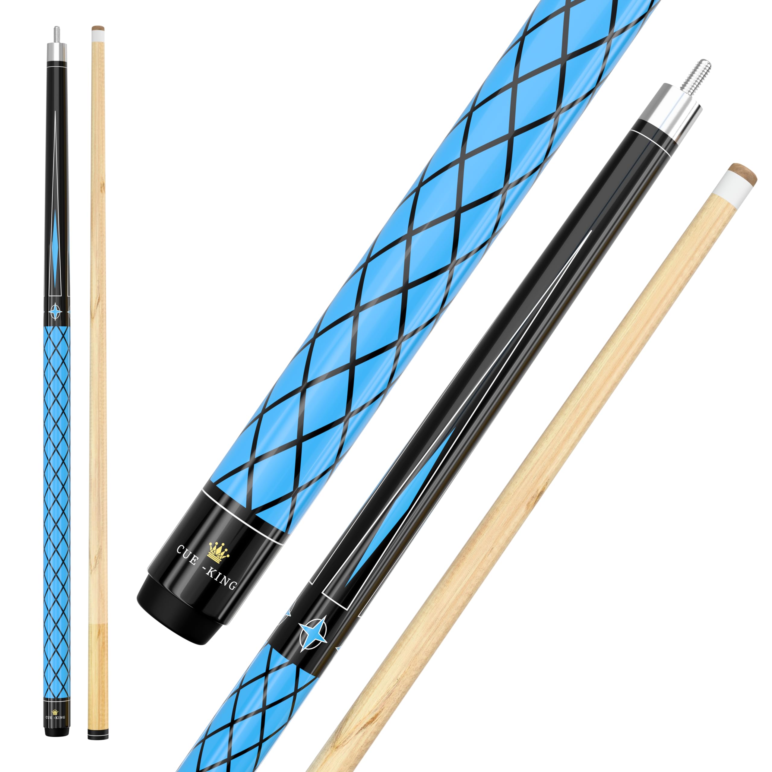 Cue-King Pool Cue 58 Inch with Premium Canadian Maple Shaft 13mm Tip, 2 Piece, 50/50 Jointed American Style Cue, Pool Cue Stick, Maple Pool Cue