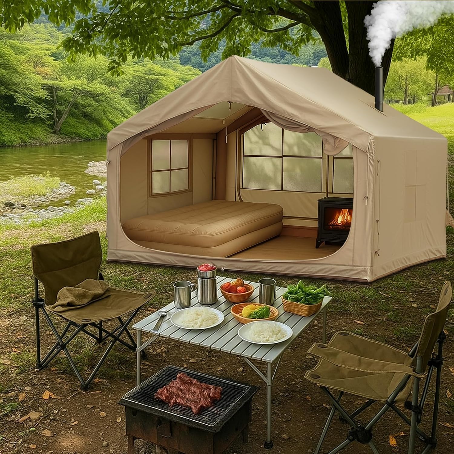 Photo 1 of 10' x 8' Inflatable Tent for Camping, 6-8 People Blow up Tent, 4 Season Inflatable House with Stove Jack, Waterproof Portable for Camping Outdoor