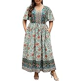 Nemidor Womens Plus Size Maxi Dress Summer Boho Sundress Floral Print Flared Casual Long Dresses with Pocket