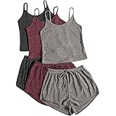 GORGLITTER Women's 3 Sets Ribbed Pajamas Set Sleeveless Crop Top and Tie Front Shorts Lounge Set Sleepwear Loungewear
