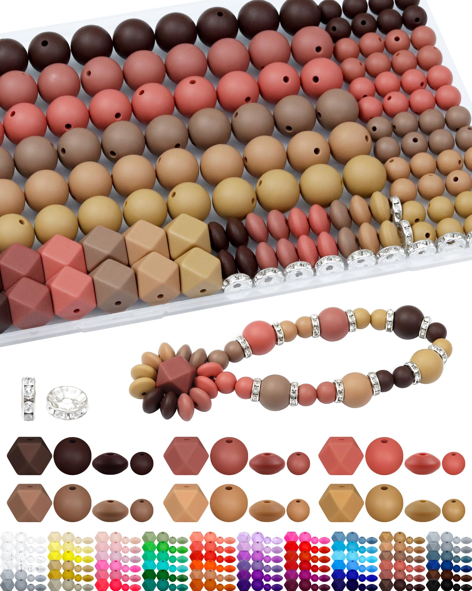 Photo 1 of 172PCS FIVEIZERO Silicone Beads for Keychain Making, 6 Mixed Colors Silicone Focal Beads Kit, 9mm & 15mm Round Lentil Hexagon Bead & Rhinestone Spacer Bead for Jewelry Making & Bracelets (Brown)