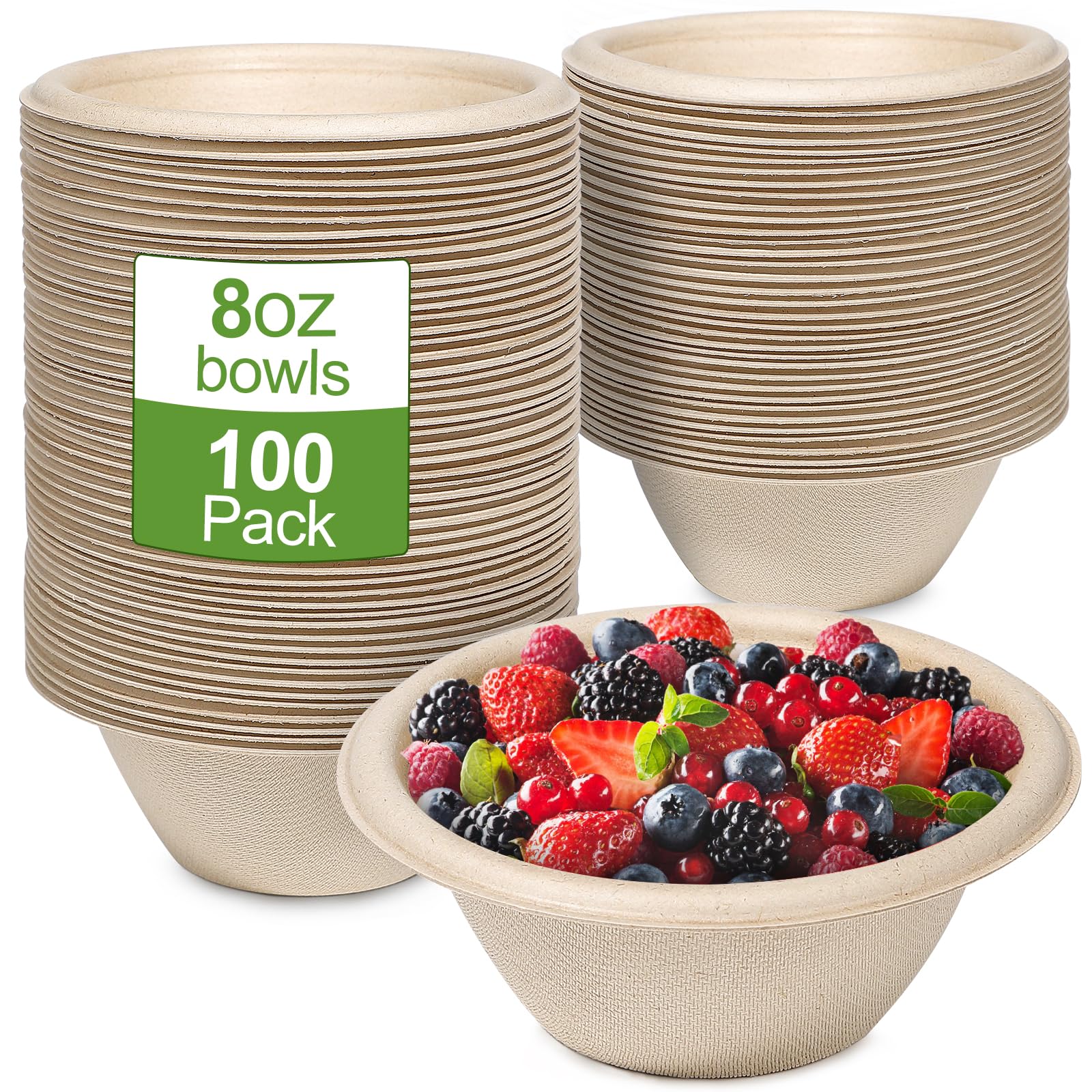 GREENESAGE 100 Pack 8oz Disposable Bowls Small Paper Eco-Friendly, Sugarcane Strong Brown Biodegradable Soup Bowl for Parties BBQ Picnic