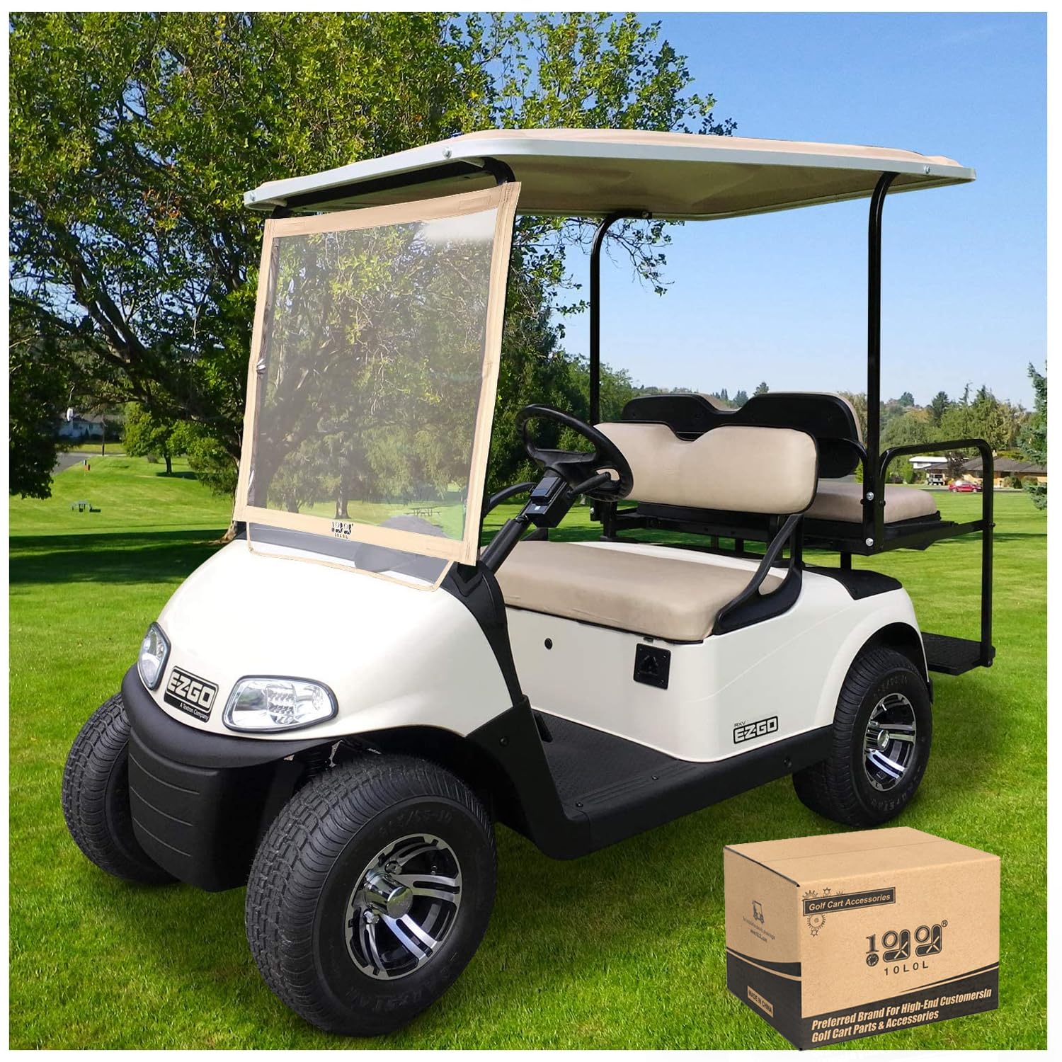 Photo 1 of 10L0L Foldable Golf Cart Windshield Film for EZGO RXV, Clear Portable Removable Plastic Windshield (Beige)