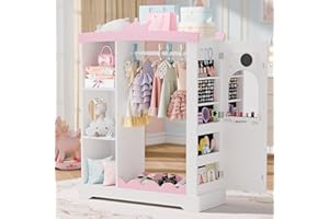 Betterhood Kids Closet with Jewelry Cabinet, Dress up Storage with Shelves&Mirror, Costumes Wardrobe Closet with Hanging Rack for Toddlers,Organizer for Bedroom, (Kids' Armoires, White)