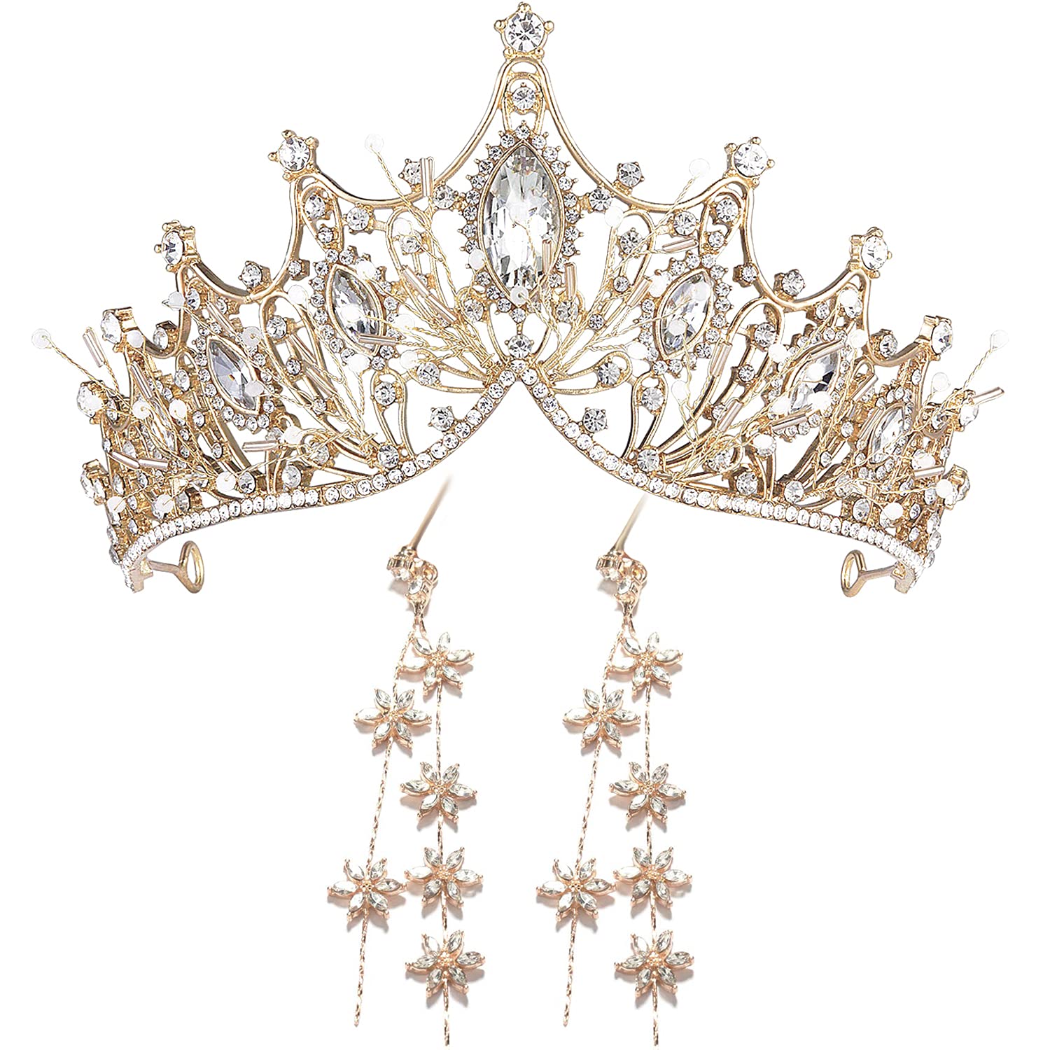 2 Pcs Wedding Jewelry Set for Brides, Rhinestone Tiara Crown and Flower Dangle Earrings Set, Gold