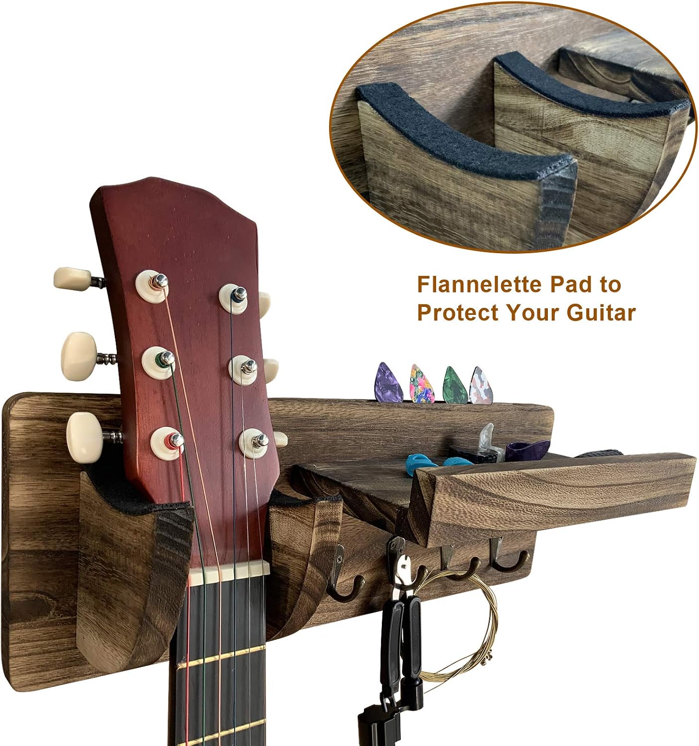 TTCR-II Guitar Wall Hangers Mount, Wooden Guitar Stand Holder Hanger Wall Mount Bracket Rack with 4 Hooks and Pick Holder for Ukulele Violin Bass Electric Guitars Acoustic Classical Guitar Accessories - Image 4