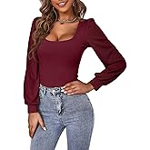 WDIRARA Women's Square Neck Bishop Long Sleeve Tee Slim Elegant T Shirt Casual Top