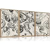 LHIUEM Large Retro Sketch Cheers Framed Canvas Wall Art,Food and Drink Wall Decor,Mid Century Gatherings Dinner Wall Painting,Abstract Black and White Art Prints for Kitchen,Dining Room - 16"x24"x3