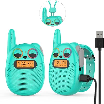 QNIGLO Rechargeable Kids Walkie Talkies with FM Radio 2 Miles Green