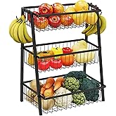 Simple Trending 3-Tier Trapezoidal Fruit Basket with 4 Banana Hooks, Extra Large Metal Wire Kitchen Organizer for Countertop - Rust-Proof for Fruits, Vegetables, Snacks, Bread Storage, Black