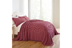 BrylaneHome Bedding Lightweight All Season Georgia Chenille Bedspread Ultra-Soft 100% Cotton with Medallion Pattern - King, Burgundy