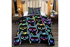 KOSSMJX Cat Twin Bedding Set for Girls - Cute Cartoon Cat Comforter Set for Girls Bedroom Ultra Soft Cats Patterns Bedding Set with 1 Cat Quilt and 1 Pillowcase Kids Girls Room Decor, Twin Size