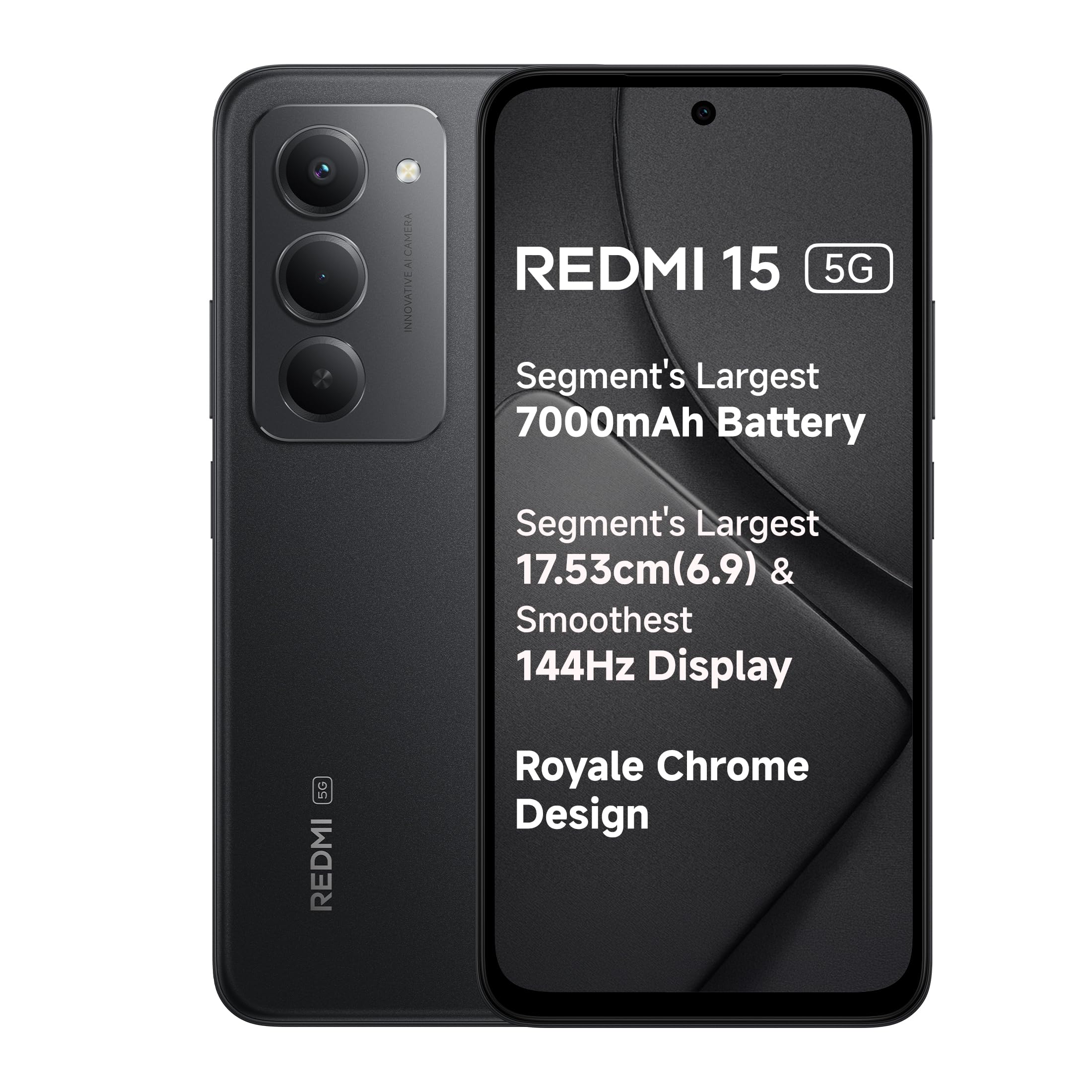 Redmi 15 5G Midnight Black 6GB + 128GB | Segment's Largest 7000mAhA Battery | Segment's Largest Display 17.53cm(6.9) Up to 144Hz | Snapdragon 6s Gen 3 | 18W Reverse Charging | 50MP AI Dual Camera