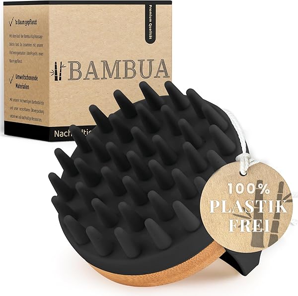 BAMBUA Kopfhaut Massagebürste - (Anti-Schuppen Effekt) Kopfmassage Bürste - Zur Kopfmassage beim Duschen - Premium Scalp Massager - Utensilienset Massage inkl. E-Book „Gesunde Kopfhaut“ (Schwarz)