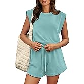 OFEEFAN Rompers for Women Summer Cap Sleeve Adjustable Drawstring Waistband Crewneck Casual Outfits with Pockets