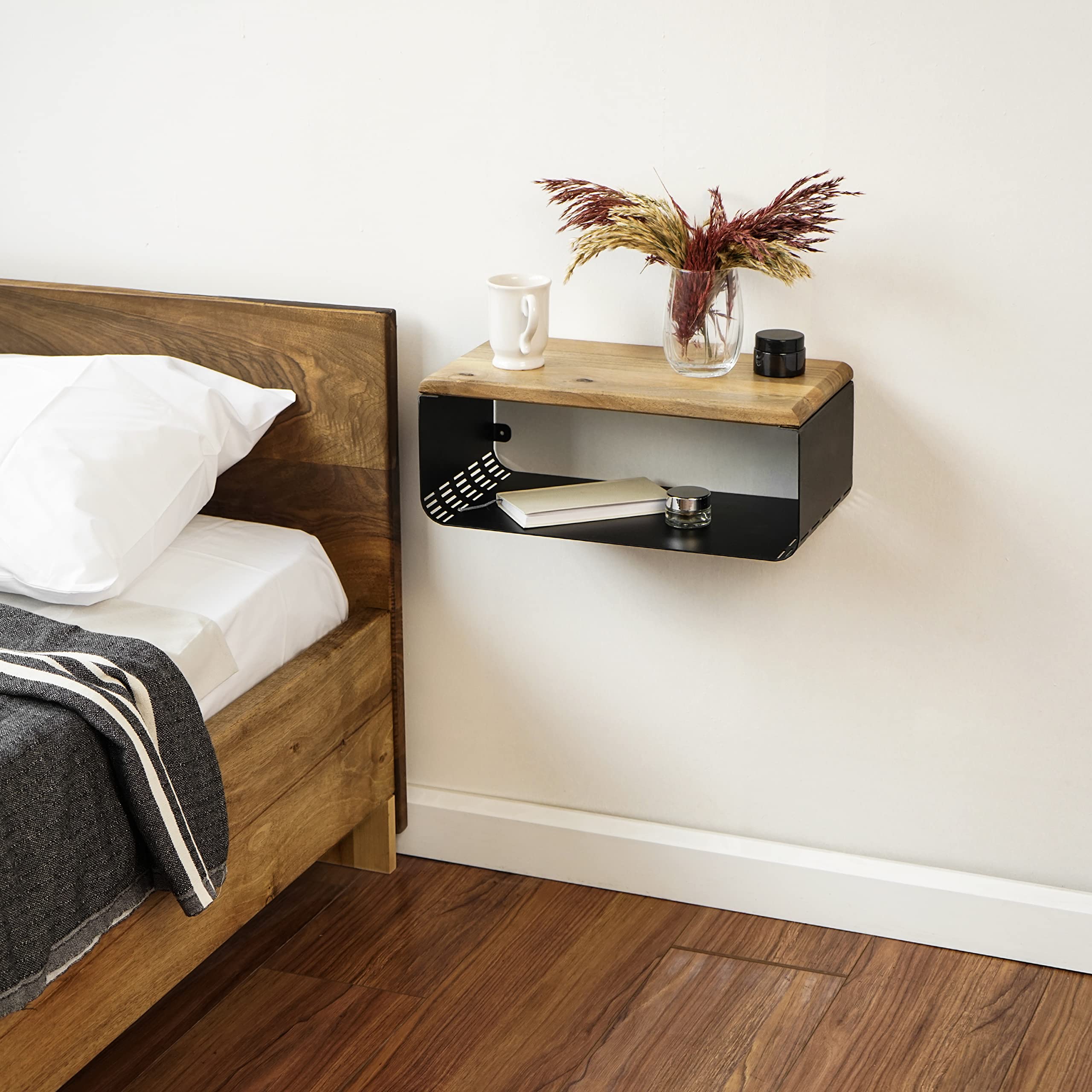 Photo 1 of Floating Nightstand with Walnut Top | Modern Bedroom Decor | Minimalist Wall-Mounted Bedside Nightstand | Wall Mounted Shelf | Obsidian Oasis: Bold Black
