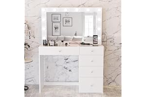 Boahaus Alana White Makeup Vanity Desk with Mirror and Lights, Crystal Ball Knobs, 5 Drawers for Ample Storage, Glass Top, Elegant White Dressing Table with Mirror for Bedroom