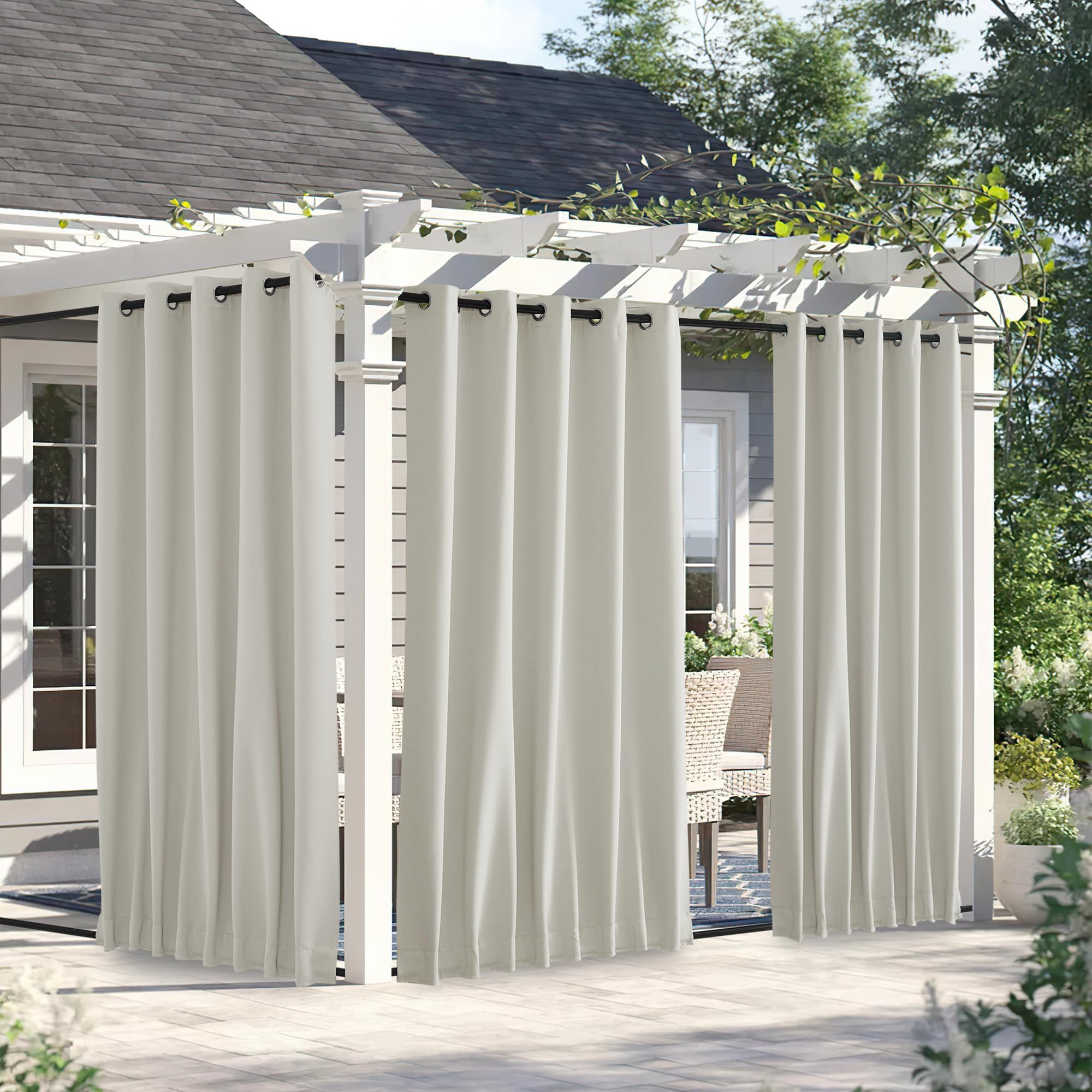 Photo 1 of NICETOWN 2 Panels Outdoor Curtains for Patio Waterproof & Windproof, Thermal Insulated Top & Bottom Grommet & Back Tab Sun Blocking Outdoor Drapes with Fixed Rope for Gazebo, Natural, W66 x L90