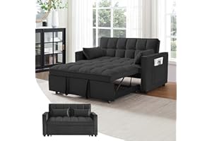 SumKea Convertible Sofa Couch 3-in-1 Multi-Functional Velvet Pull-Out Bed, 55'' Loveseat Chaise Lounge with Adjustable Backrest and Pillows, Black