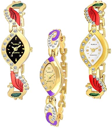 Diamond Studded Style analogue Watch set for Women gold Combo Pack 3