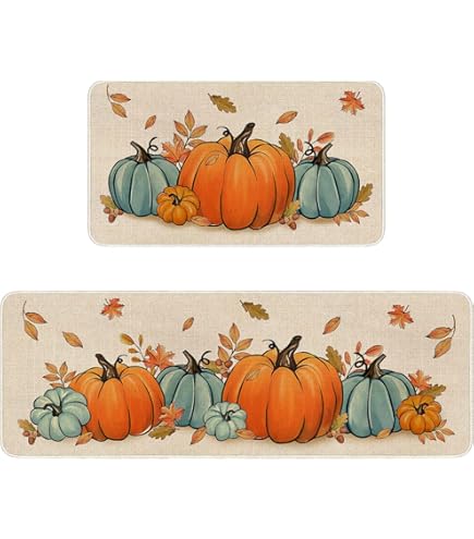 Siilues Fall Kitchen Mat Set Of 2 - Orange Hello Fall Eucalyptus Rugs, 17x29 & 17x47 Inch