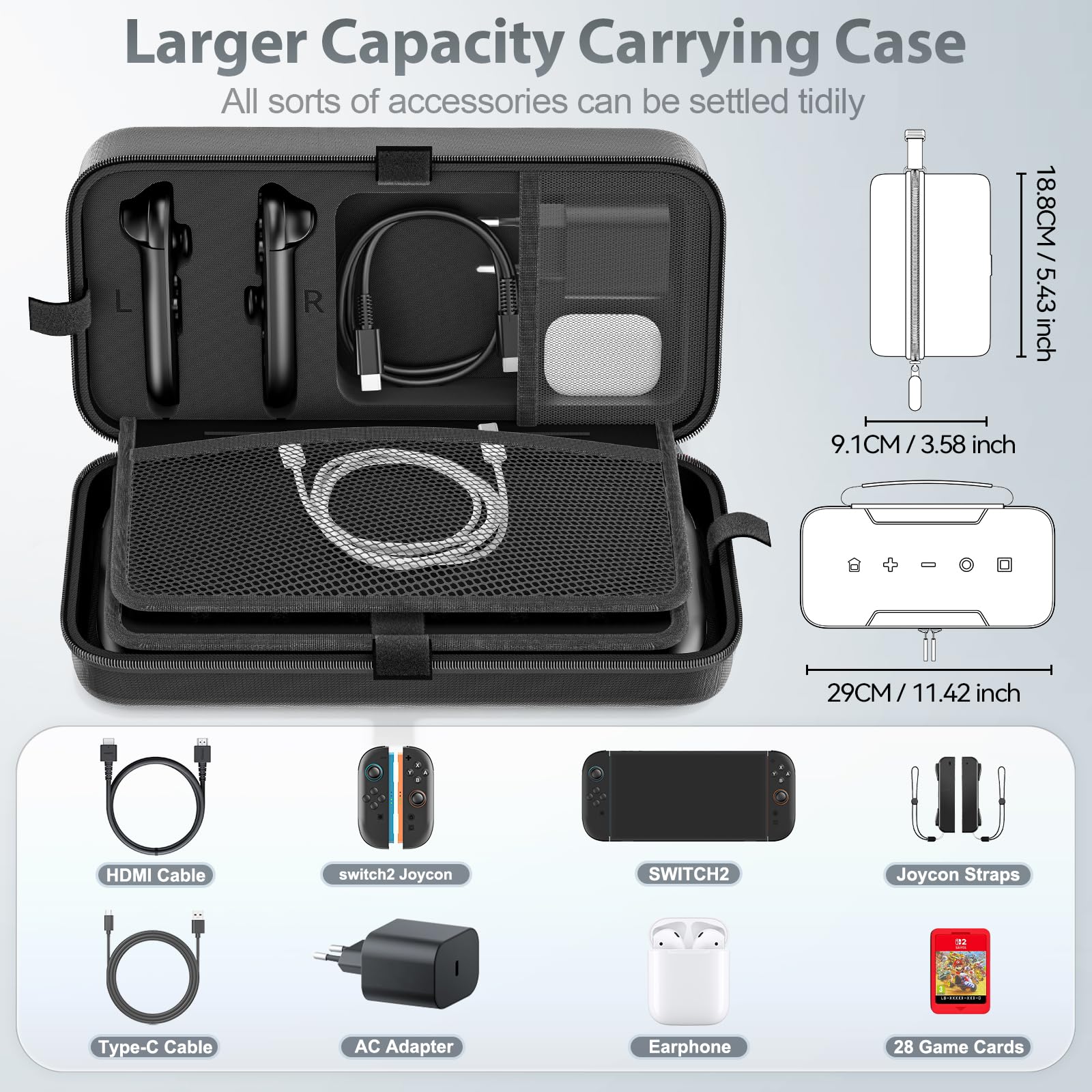 Kytok Switch 2 Tasche kompatibel mit Nintendo 2 2025, große Switch 2 Hülle für 28 Spielkarten, Switch 2 Reisetasche für Switch Zubehörsets, Switch 2 Case Schwarz 3