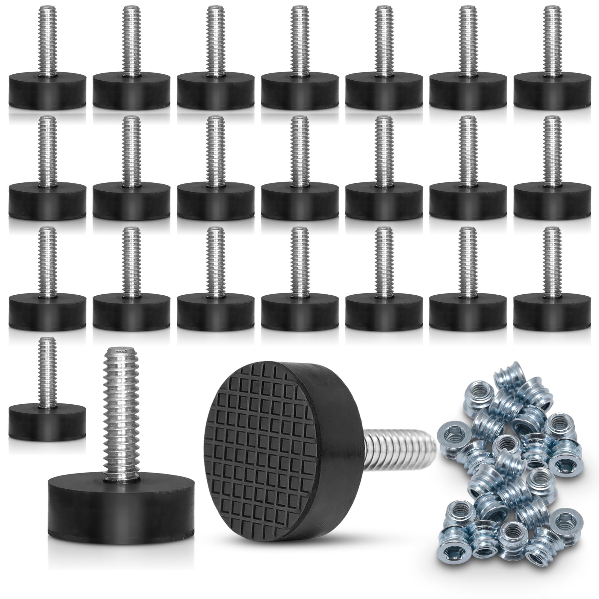 View 1 of 24 Pack All-Rubber 1/4"-20 UNC Leveling Feet with Inserts, Adjustable Levelers for Table Chair Stool Legs - 0.35" to 0.85" Height Range, Anti-Slip