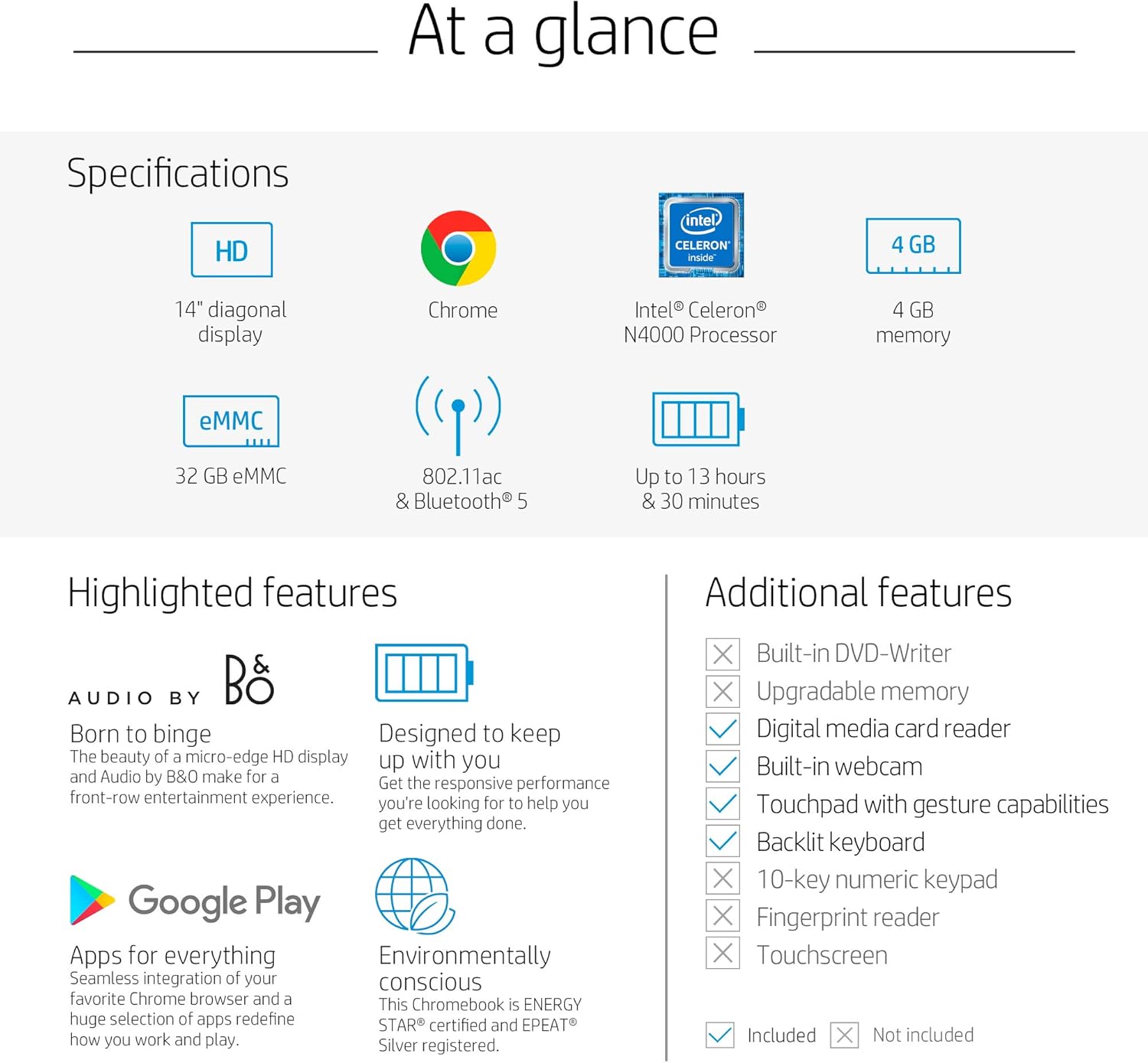 HP Chromebook 14-inch HD Laptop, Intel Celeron N4000, 4 GB RAM, 32 GB eMMC, Chrome (14a-na0010nr, Mineral Silver): Computers & Accessories