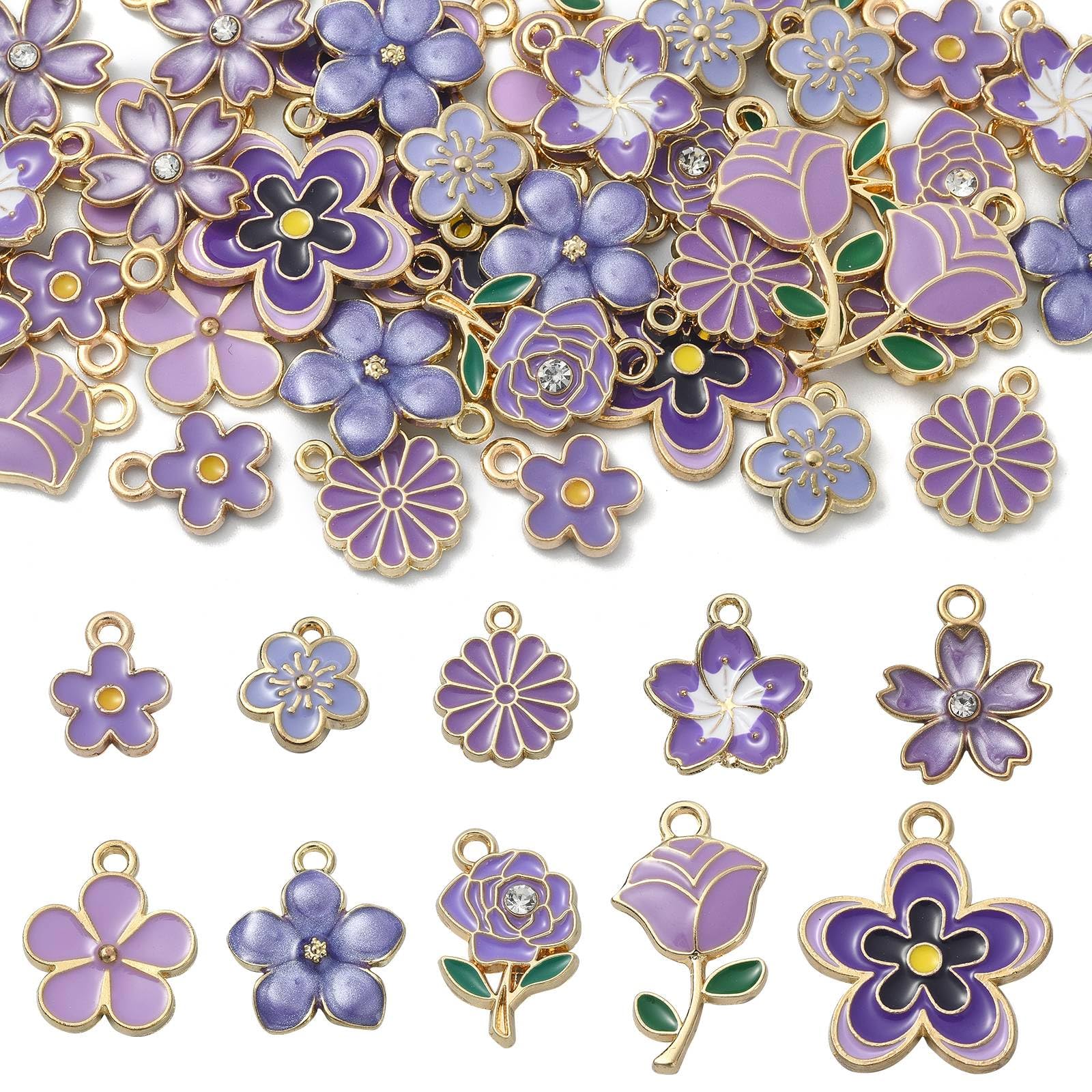 Stiesy 40Pcs 10 Styles Enamel Flower Charms Purple Flower Pendant Charm Rose Cherry Blossom Charms for Jewellery Making Bracelet Crafting Necklaces