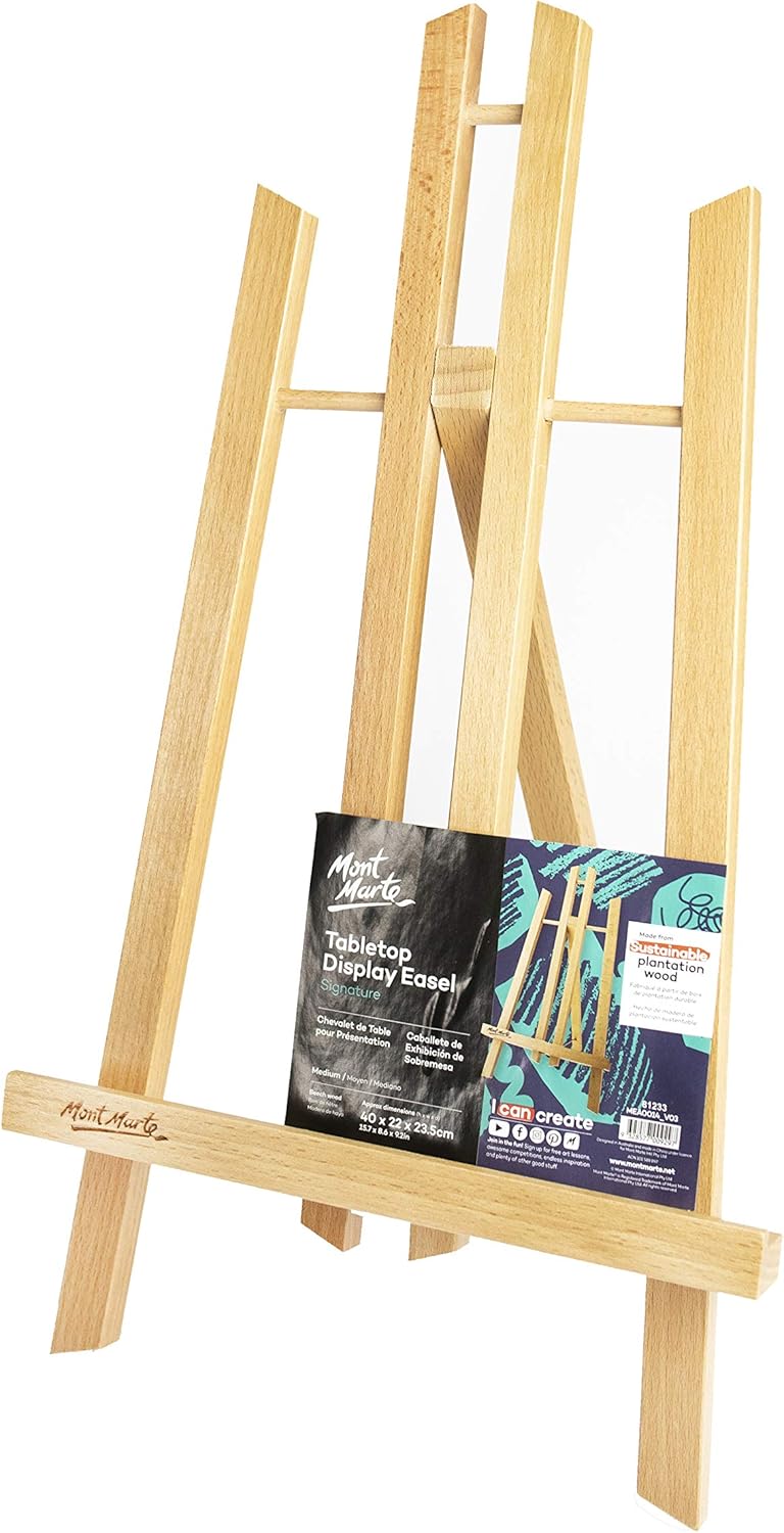 Mont Marte Kleine Tischstaffelei aus Buchenholz - Medium - Kompakte Staffelei - Ideale Holzstaffelei zum präsentieren von Leinwänden und Keilrahmen bis 40 cm - Perfekt für Veranstaltungen und Events