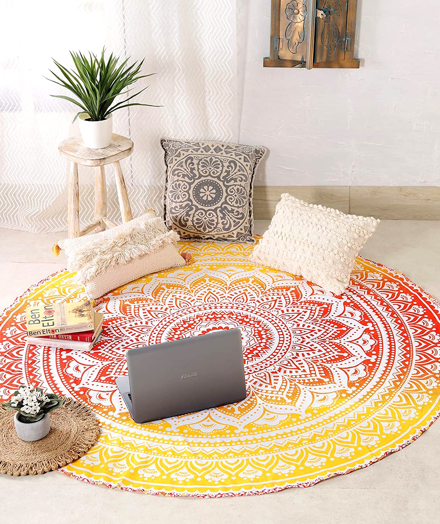 Round Beach Towel Boho Throw Hippie Tapestry Cotton Table Cloth Meditation Yoga Mat Rugs by Raajsee (Orange Ombre)