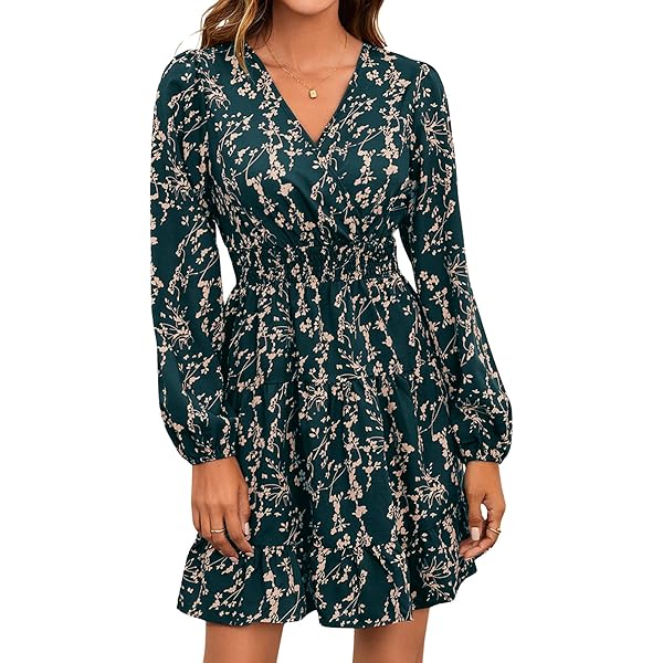 UGUEST - Vestido Corto De Manga Larga Con Cuello En V Para Mujer, Con Diseño Floral Y Cinturón, Para Fiestas Cóctel, Vestido De Invitada De Boda
